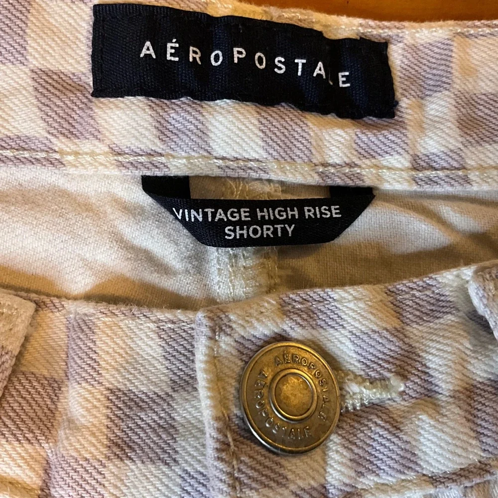 Aeropostale Womens 4R High Rise Distressed Checkerboard Denim Shorty Mini Shorts